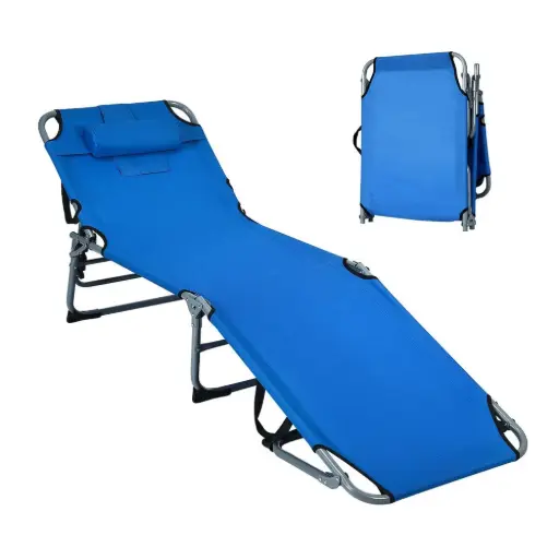 Folding Beach Lounger with Adjustable Backrest & Head Pillow
